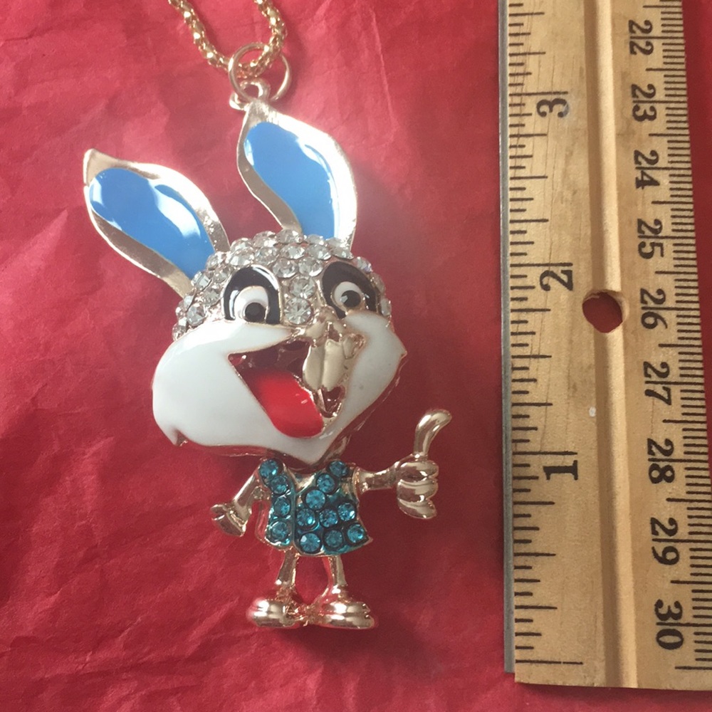 Cartoon style baby bunny jeweled necklace,